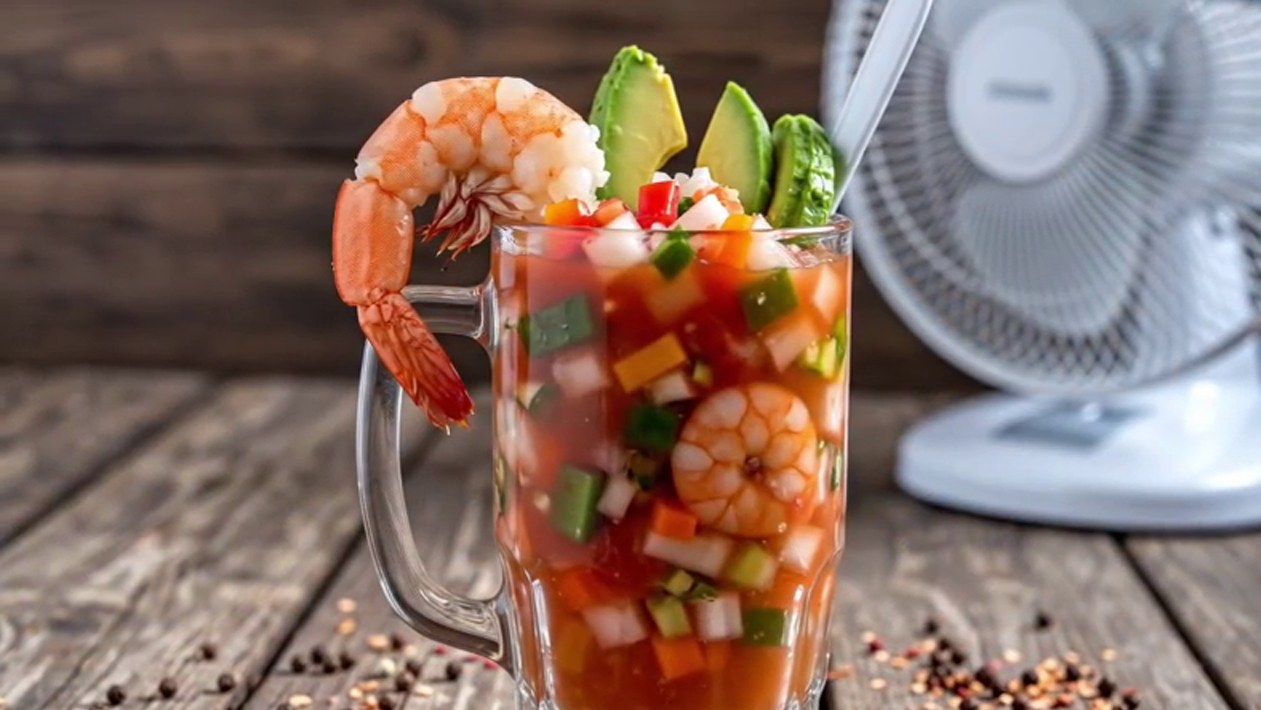 Coctel de camarón servido en tarro de vidrio con aguacate