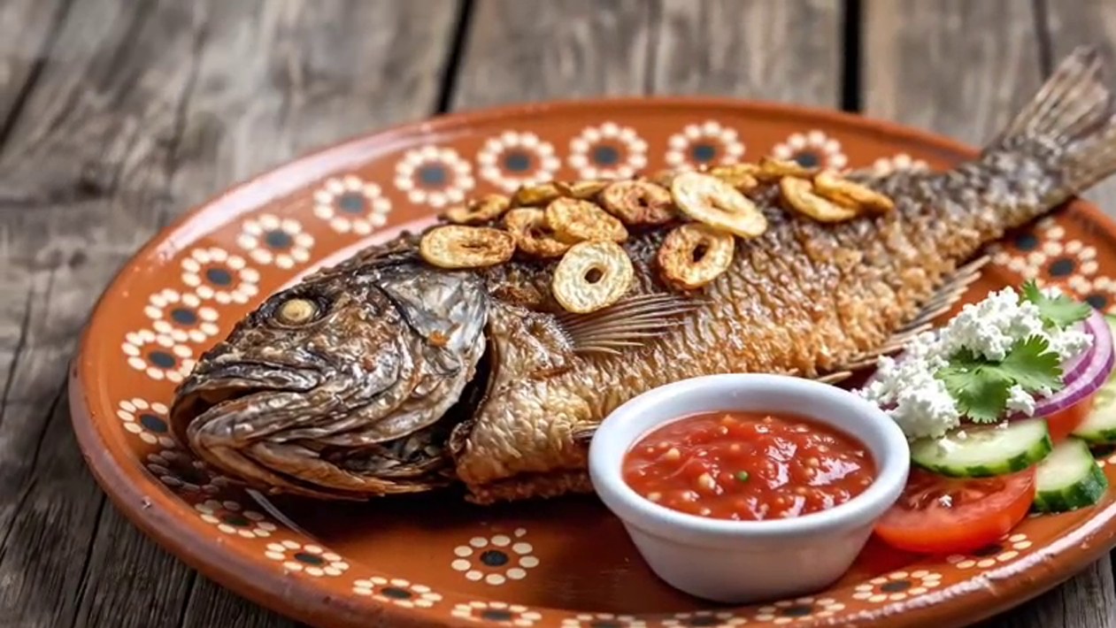 Mojarra frita entera sobre plato de barro con tostones y salsa